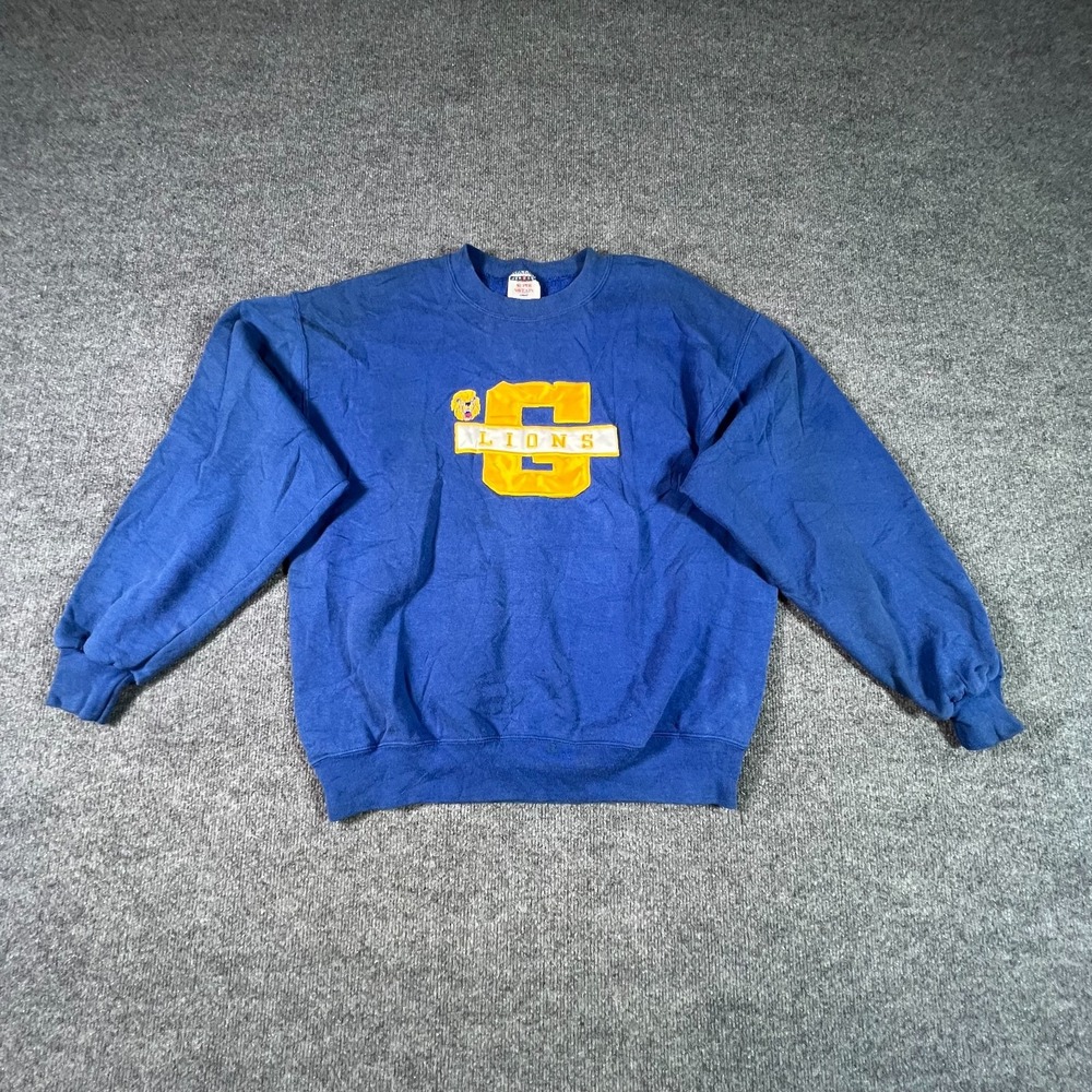 Vintage Jerzees Super Sweats Mens Large Blue G Lions Applique Pullover USA Made - Picture 1 of 11